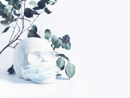 A protective mask is worn on the skull. The concept of protection against viruses, bacteria. Prevention of airborne diseases. Health protection. White background. Copy space.の写真素材