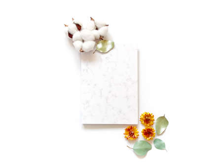 Flower composition. Cotton flowers, dried flowers and eucalyptus leaves are on a white background. A sheet of paper with a marble pattern is in the center of the layout. Flat lay. Copy space.の写真素材