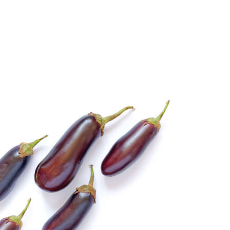 Autumn vegetable composition. Ripe whole eggplants are on a white background. Flat lay, top view....