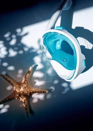 Full face snorkeling mask and starfish are on a white background with the shadow of the plants. Swimming mask for scuba diving. Full face protection. The concept of preparing for vacation, relaxation.の写真素材