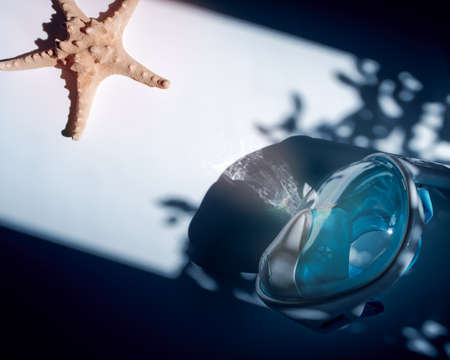Full face snorkeling mask and starfish are on a white background with the shadow of the plants. Swimming mask for scuba diving. Full face protection. The concept of preparing for vacation, relaxation.の写真素材