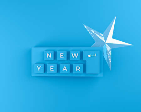 Blue wireless computer keyboard with New Year themed keys is on a blue background, decorated with a...