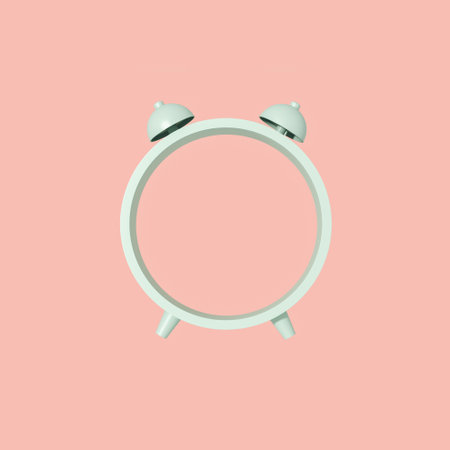 time concept. The empty frame of the green alarm clock is on a pink background. Minimalistic abstract composition in pastel colors. 3d rendering.の写真素材