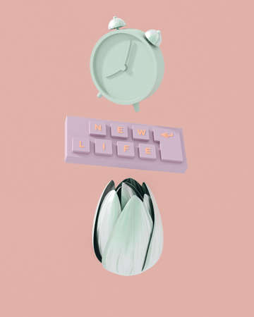 A keyboard with the inscription new life, an alarm clock and a flower are on a pink background. The...