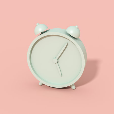 The classic green alarm clock brightly lit by the sun is on a pink background. A simple concept of...