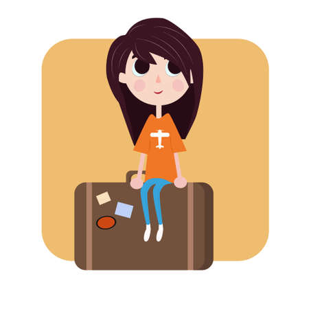 girl is sitting on the bag illustration のイラスト素材