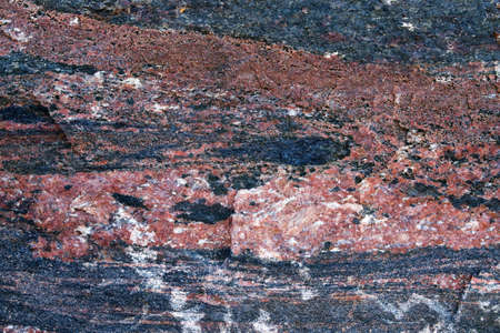 Red granite with dark gray stripes and lines, closeup, backgroundの写真素材