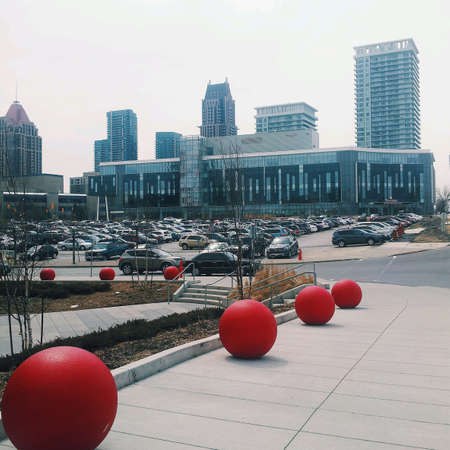 Red balls on Square One in Mississauga, Ontario, Canadaの素材