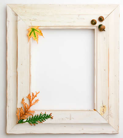 Wooden rustic light color frame on white background with autumn fall decoration of acorns, yellow maple and cedar arborvitae leaves with copyspaceの写真素材