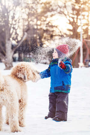 Happy toddler white Caucasian boy running and playing with snow and white large big pet dog outdoors in winter dayの写真素材