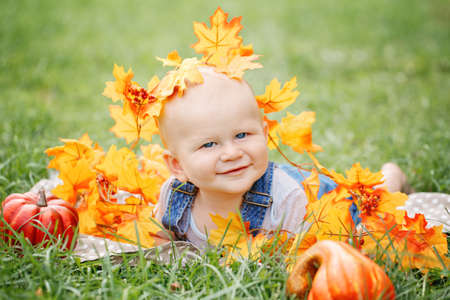 Portrait of cute funny adorable blond Caucasian baby boy with blue eyes in t-shirt and jeans romper lying on grass field meadow, yellow autumn fall leaves pumpkins.の写真素材