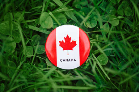 Macro closeup shot of round circle badge with red white canadian flag maple leaf lying in grass on green forest nature background outside, Canada day celebrationの写真素材
