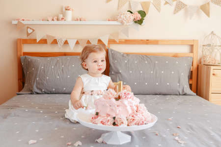 Portrait of cute adorable Caucasian blonde baby girl in white dress celebrating her first birthday. Home indoors cake smash first year conceptの写真素材
