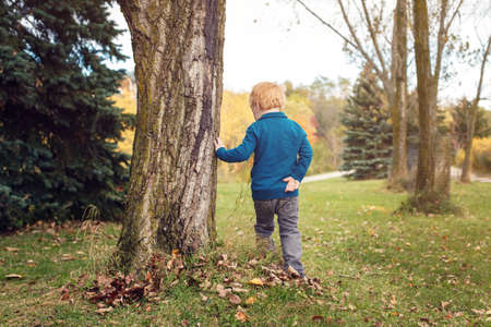 Cute adorable little red-haired Caucasian boy playing in autumn fall park outside. Child kid turning, going away, leaving. View from backの写真素材