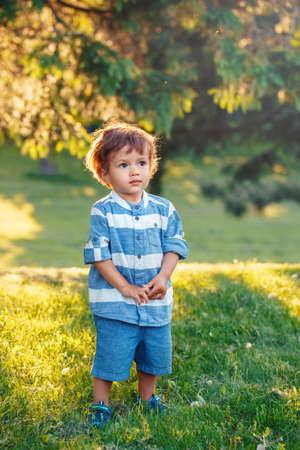 Cute adorable little Caucasian coloured boy child in blue shirt and shorts standing in field meadow outside. Happy pensive dreaming kid walking looking up in air in park on sunset. の写真素材