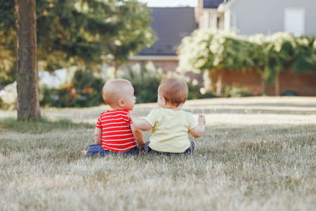 Two adorable little Caucasian babies sitting together in field meadow outside.View from back behind. Little happy children in summer park on sunset. Talking communication with friend conceptの写真素材
