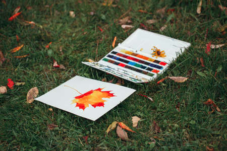 Watercolor painting of yellow red autumn maple leaf on white paper and box of used paints lying on...