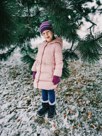 Portrait of cute adorable preschool Caucasian smiling girl in warm clothes standing under pine tree with big large green needles during cold winter day with snow on groundの写真素材