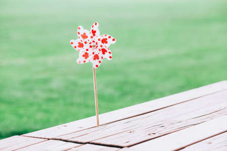 Windmill whizzer with red maple leaves on white background stuck into wooden table outside outdoors in park. Toy with Canadian flag symbol during Canada Day national celebration on Julyの写真素材
