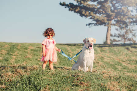 Portrait of cute stylish little Caucasian child girl in sunglasses walking dog in park field outside on summer sunny day at sunset. Kid playing with domestic animal pet. Happy childhood concept.の写真素材