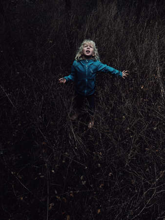 Little blonde Caucasian scared girl lost in wood forest looking up above. Child cry scream ask for help. Concept of lost  abandoned kid left alone in trouble problem.の写真素材