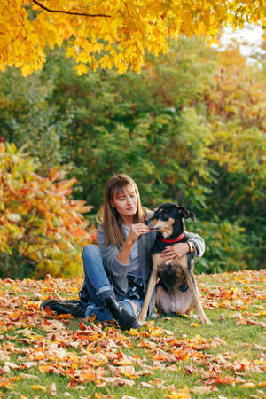 Portrait of beautiful happy young Caucasian woman sitting on ground among autumn fall yellow leaves and hugging her pet dog. Best friends having fun outdoor. Friendship with domestic animals.の写真素材