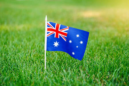 Australian flag standing on green grass. Australia day national holiday celebration. Nature background outdoor.の写真素材