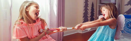 Two little mad angry girls sisters having fight at home. Friends girls can not share toy. Lifestyle authentic funny family moment of siblings quarrel life. Kids bad behaviour. Web banner header.の写真素材