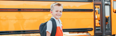 Happy Caucasian boy student with backpack near yellow bus on first September day. Education and back to school in autumn fall. Child kid on schoolyard outdoor. Web banner header.の写真素材
