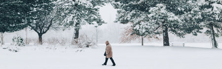 Winter outdoor scene. Man walking under snow in park. Heavy snowfall snowstorm. Snow blizzard and bad weather conditions. Beauty in nature. Seasonal conceptual landscape. Web banner header.の写真素材