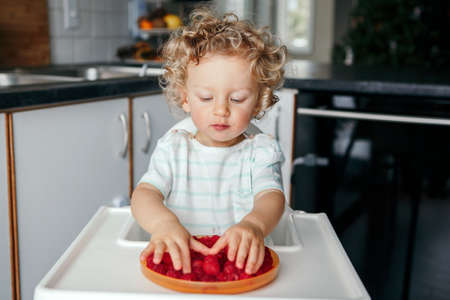 Healthy eating. Cute Caucasian baby boy eating ripe red fruits at home. Funny child kid sitting high chair with fresh berries in kitchen. Supplementary healthy finger food for toddlers kids.の写真素材