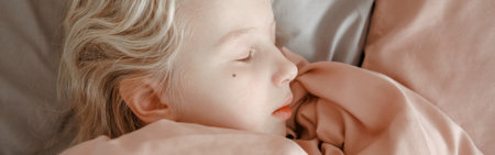 Closeup of Caucasian girl child sleeping dreaming in bed at home. Sleep tired kid with closed eyes...