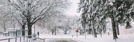Winter landscape. Heavy snowfall and snowstorm in Toronto, Ontario, Canada. Snow blizzard. Bad weather winter conditions. Poor visibility, seasonal danger on streets. Web banner header.の写真素材