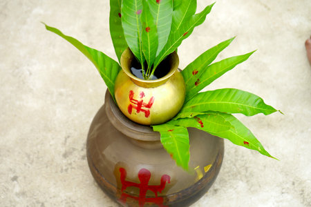 A closeup of Mangal Kalas used in traditional bengali wedding