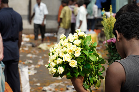 Boy Buy a Bunch of White Roseの写真素材