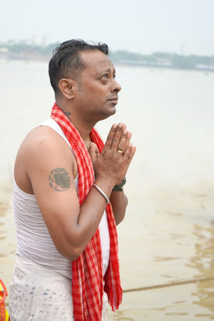 Spiritual offering at Ganga riverbankの写真素材