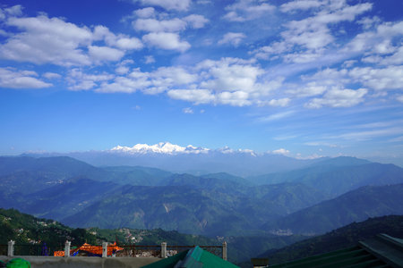 Panoramic Mountain Landscape with Snow Peaks and Blue Sky