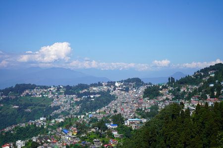 Panoramic View of the Crowded Hill Station Town of Darjeeling with Himalayan Peaksの写真素材