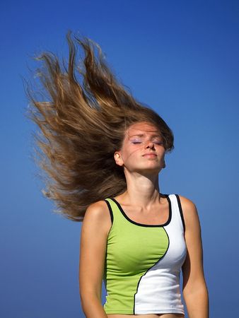 Hair upwards - eyes are closed, new styleの写真素材