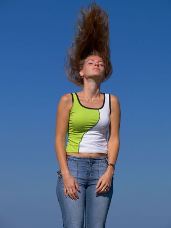 Hair upwards - eyes are closed, new styleの写真素材