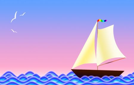 Figure of a frigate on waves and the seagull in the skyの写真素材