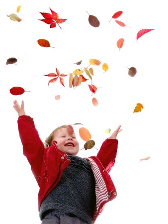 The cheerful little boy throws autumn leaves on a white backgroundの写真素材