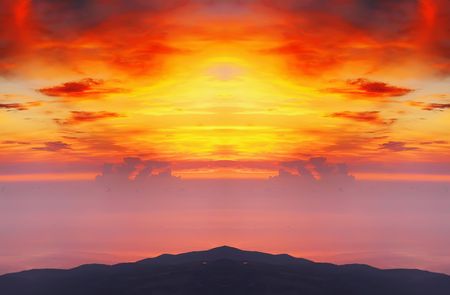 Meeting of a dawn highly in mountains, the beautiful sea and cloudsの写真素材