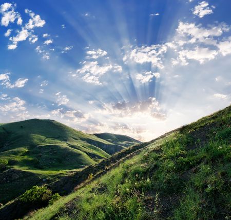 Green grassland and skyの写真素材