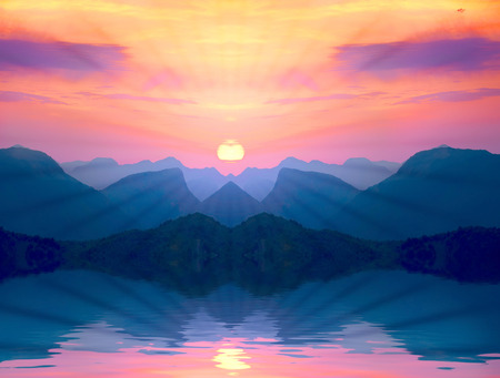 red sunsets in blue mountains の写真素材
