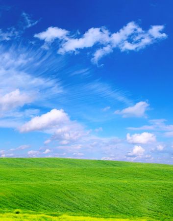 green grass on a blue sky and white clouds backgroundsの写真素材