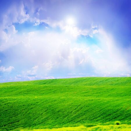 green grass on a blue sky and white clouds backgroundsの写真素材