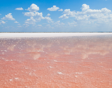 pink salt lake on the background of beautiful cloudsの写真素材