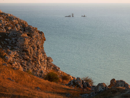 Evening seascape. View from the mountain to the sea.の写真素材