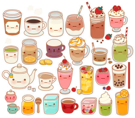 Collection of lovely hot and cold drink icon , cute tea , adorable milk , sweet coffee , kawaii smoothie, girly matcha green tea Isolated on white in childlike manga cartoon style - Vector file EPS10のイラスト素材